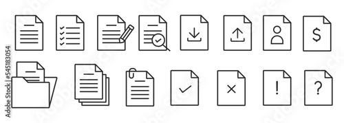 File paper document thin line style icons collection. Vector illustration