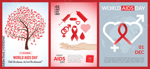 AIDS ribbon tree. Female hand with vaccine, aids ribbon, female male symbol, aids medicine, condom. Aids ribbon form formed by the union of male and female hearts and globe illustration.