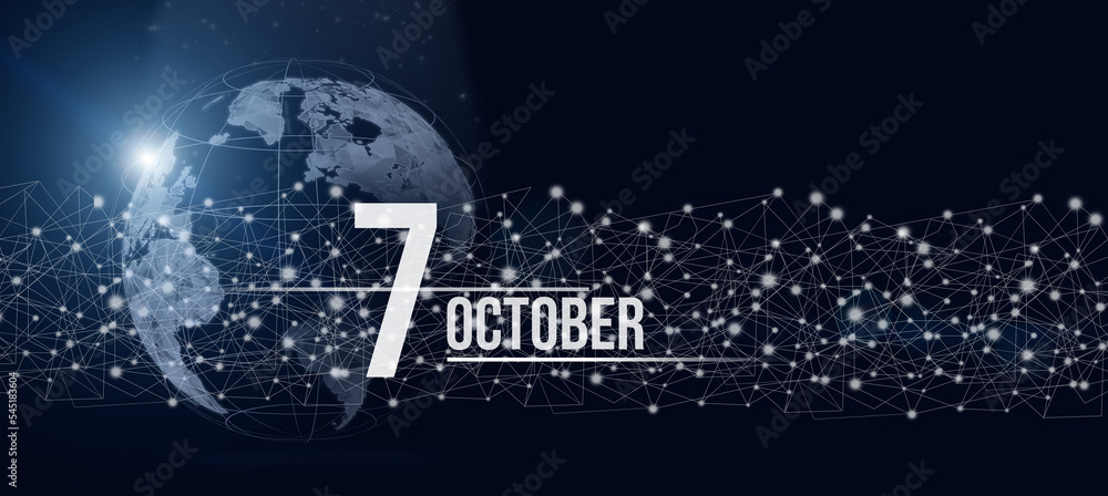 October 7th. Day 7 of month, Calendar date. Calendar day hologram of the planet earth in blue gradient style. Global futuristic communication network. Autumn month, day of the year concept.