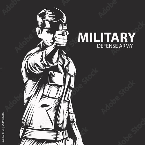 Special Forces soldier holds a pistol . black background