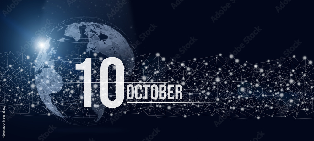 October 10th. Day 10 of month, Calendar date. Calendar day hologram of the planet earth in blue gradient style. Global futuristic communication network. Autumn month, day of the year concept.