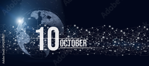 October 10th. Day 10 of month, Calendar date. Calendar day hologram of the planet earth in blue gradient style. Global futuristic communication network. Autumn month, day of the year concept.