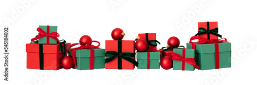 Christmas gifts and baubles isolated on a transparent background. Red and green gift boxes. New Year surprise.