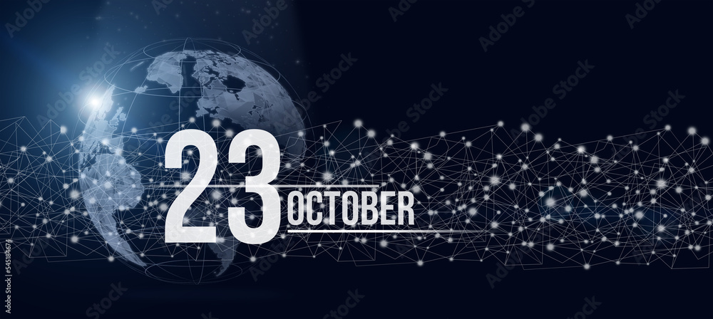 October 23rd. Day 23 of month, Calendar date. Calendar day hologram of the planet earth in blue gradient style. Global futuristic communication network. Autumn month, day of the year concept.