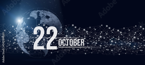 October 22nd. Day 22 of month, Calendar date. Calendar day hologram of the planet earth in blue gradient style. Global futuristic communication network. Autumn month, day of the year concept.