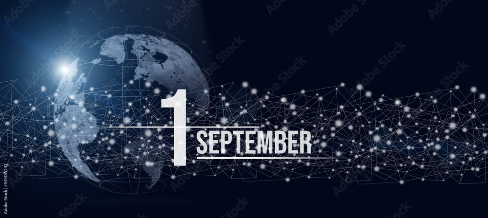 September 1st . Day 1 of month, Calendar date. Calendar day hologram of the planet earth in blue gradient style. Global futuristic communication network. Autumn month, day of the year concept. September 1st . Day 1 of month, Calendar date. Calendar day hologram of the planet earth in blue gradient style. Global futuristic communication network. Autumn month, day of the year concept.