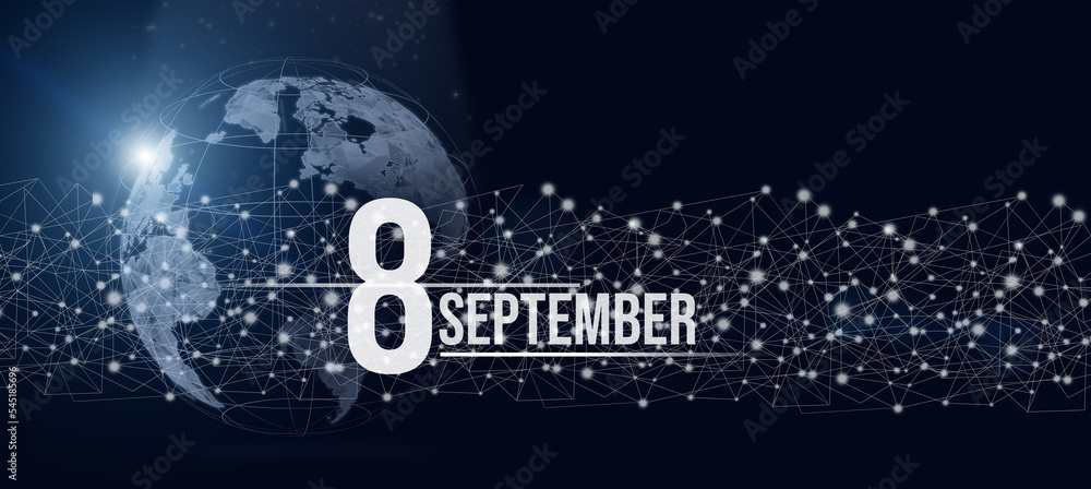September 8th. Day 8 of month, Calendar date. Calendar day hologram of the planet earth in blue gradient style. Global futuristic communication network. Autumn month, day of the year concept. September 8th. Day 8 of month, Calendar date. Calendar day hologram of the planet earth in blue gradient style. Global futuristic communication network. Autumn month, day of the year concept.