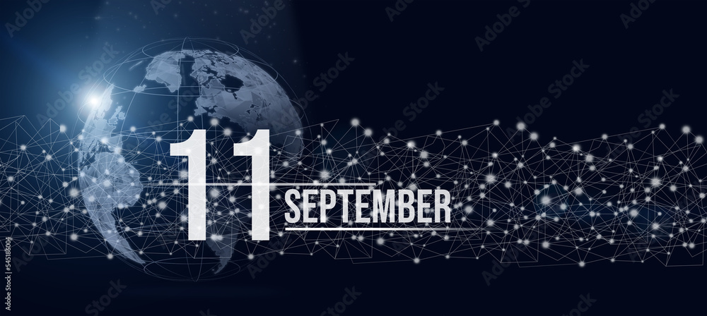 September 11st . Day 11 of month, Calendar date. Calendar day hologram of the planet earth in blue gradient style. Global futuristic communication network. Autumn month, day of the year concept. September 11st . Day 11 of month, Calendar date. Calendar day hologram of the planet earth in blue gradient style. Global futuristic communication network. Autumn month, day of the year concept.