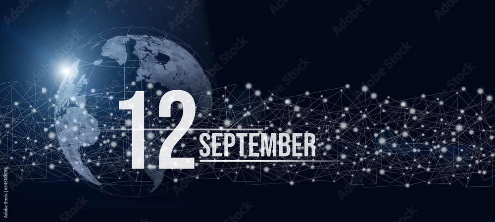 September 12nd. Day 12 of month, Calendar date. Calendar day hologram of the planet earth in blue gradient style. Global futuristic communication network. Autumn month, day of the year concept.