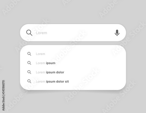 Search Bar with suggestions for UI UX design and web site. Search Address and navigation bar icon. Collection of search form templates for websites. Search engine web browser window template.