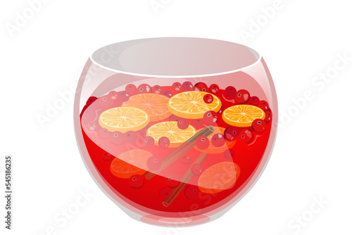 Christmas cranberry and orange punch in a bowl.New Year's, winter drink with cranberries, orange.cinnamon.