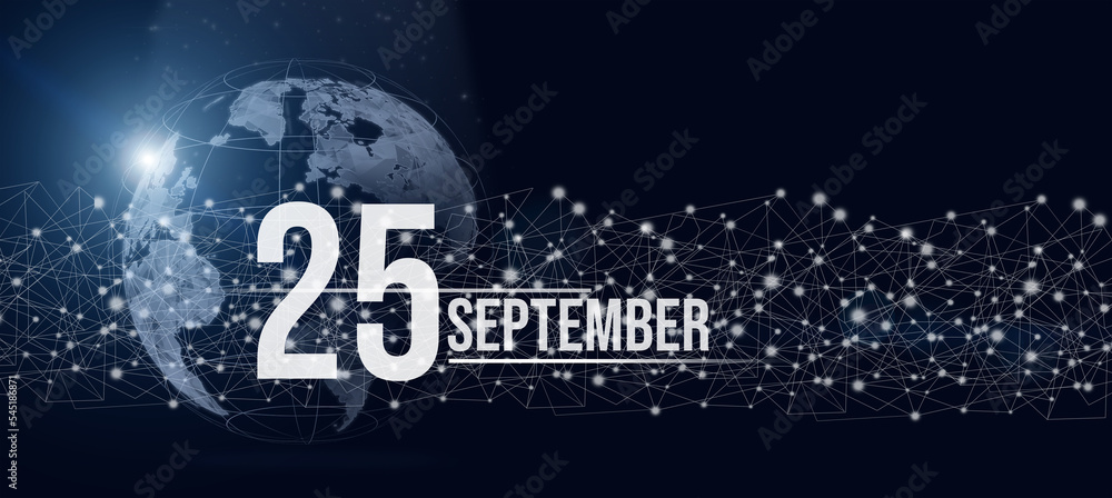 September 25th. Day 25 of month, Calendar date. Calendar day hologram of the planet earth in blue gradient style. Global futuristic communication network. Autumn month, day of the year concept.