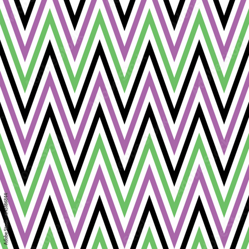 Chevron Pattern In Violet Green And Black Color. Mantis Green, Pearly Purple And Black Zigzag Pattern Retro Comic Style