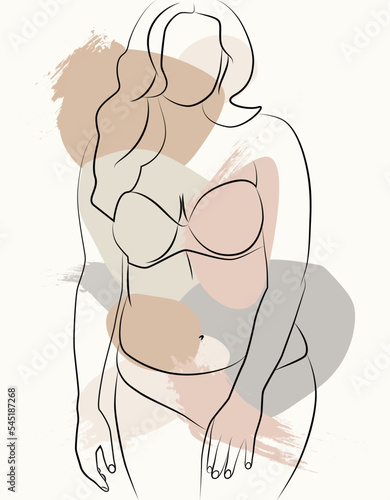 A simple body-positive elegant poster. Beautiful illustration of the line of a seductive female body. Minimalistic linear female figure. Abstract nude sensual linear ar