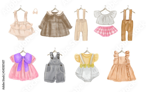 Set of beautiful newborn clothes, baby items, dress, jumpsuit in watercolor style on white background.
