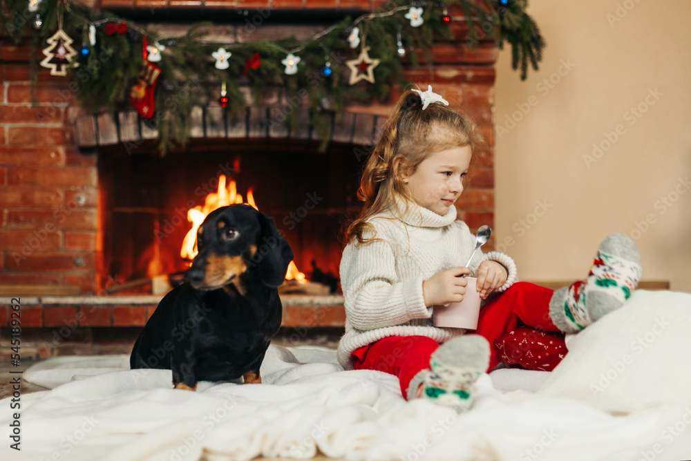 A happy little girl is playing with her dog at home, drinking hot chocolate on Christmas Eve A happy little girl is playing with her dog at home, drinking hot chocolate on Christmas Eve