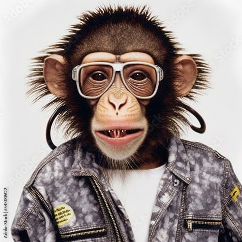 Realistic funky cool chimpanzee model, monkey, an ape wearing cloth and glasses, fashion photography style  digital 3D illustration Original concept  © Ecleposs