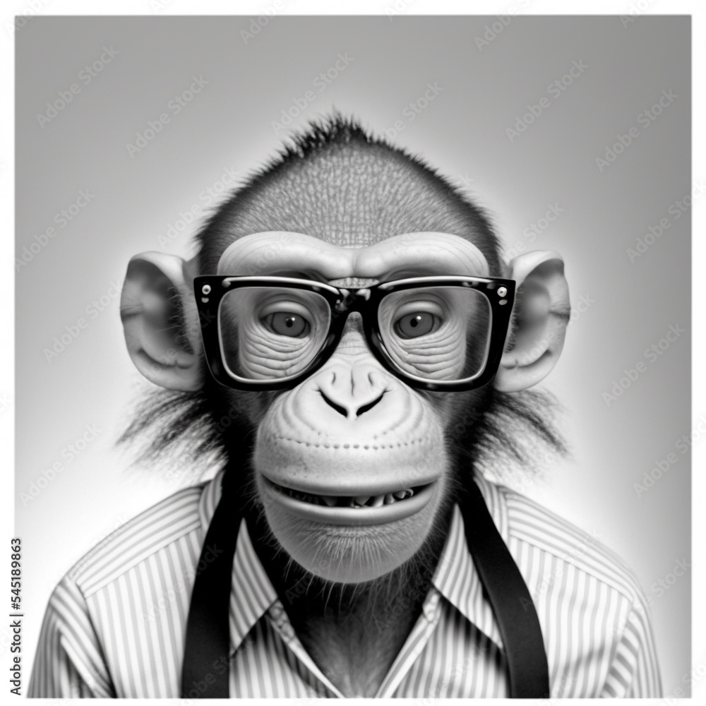 Realistic funky cool chimpanzee model, monkey, an ape wearing cloth and glasses, fashion photography style  digital 3D illustration Original concept 