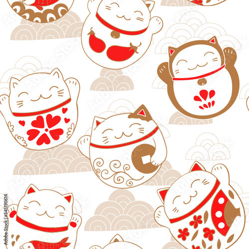Seamless pattern with cats maneki neko, lucky charms. Vector illustration.