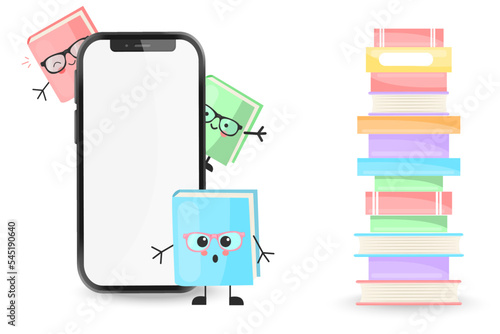 Vector cartoon image of a phone with a place for text with animated characters in the form of books for a library or bookstore. The concept of education and study
