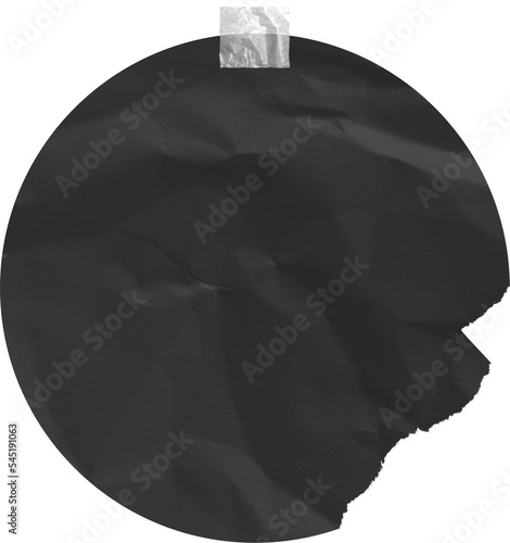 Black crumpled card with adhesive tape. Torn piece of paper with sticker.