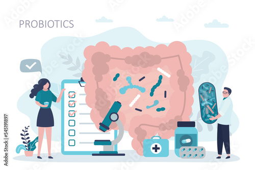 Scientist researches beneficial properties of probiotics. Doctor recommends that patient eat food containing microorganisms