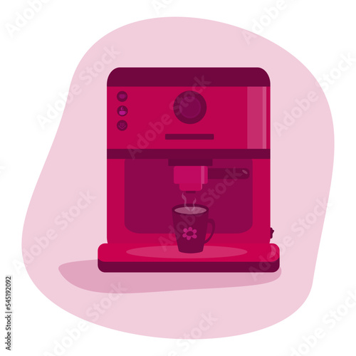Fototapeta Naklejka Na Ścianę i Meble -  Illustration of a burgundy coffee machine with a mug. Flat style vector