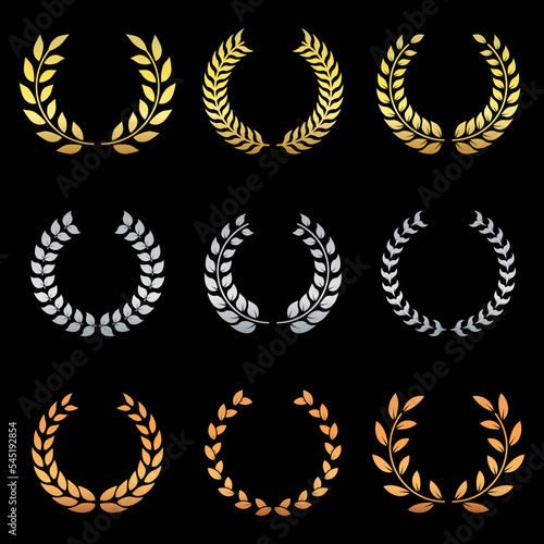 Gold, Silver, and Bronze Laurel Wreath Silhouette Icon Set. Success Chaplet Symbol. Champion Foliate Trophy Pictogram. Olive Leaves Branch Award Round Emblem. Isolated Vector Illustration