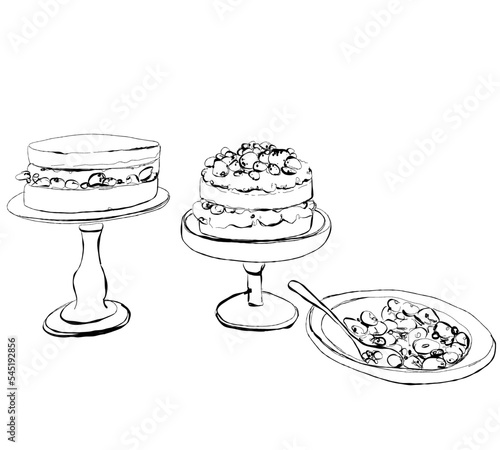 Hand drawing illustration set of cakes on a stand. black and white sketch sweet cakes