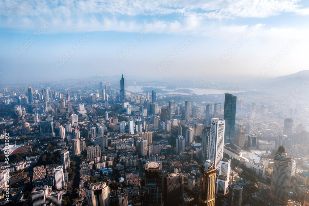 Aerial photography scenery of high-rise city skyline buildings in Nanjing, Jiangsu, China
