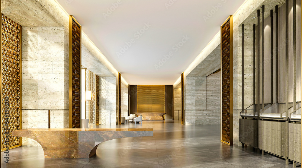 Luxury building entrance reception lobby, hotel reception. 3d rendering