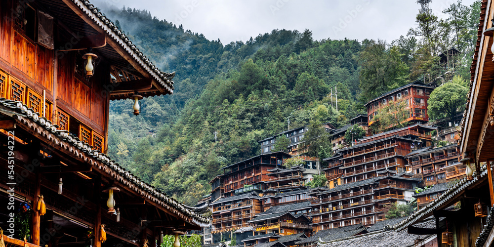 High angle closeup of buildings in Qianhu Miao Village in Xijiang, Guizhou, China High angle closeup of buildings in Qianhu Miao Village in Xijiang, Guizhou, China