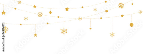 Glitter gold snowflake, star, circle garland border. Christmas golden decoration background. Bright hanging baubles. Holiday party design element. Luxury gold snow greeting card. Vector illustration
