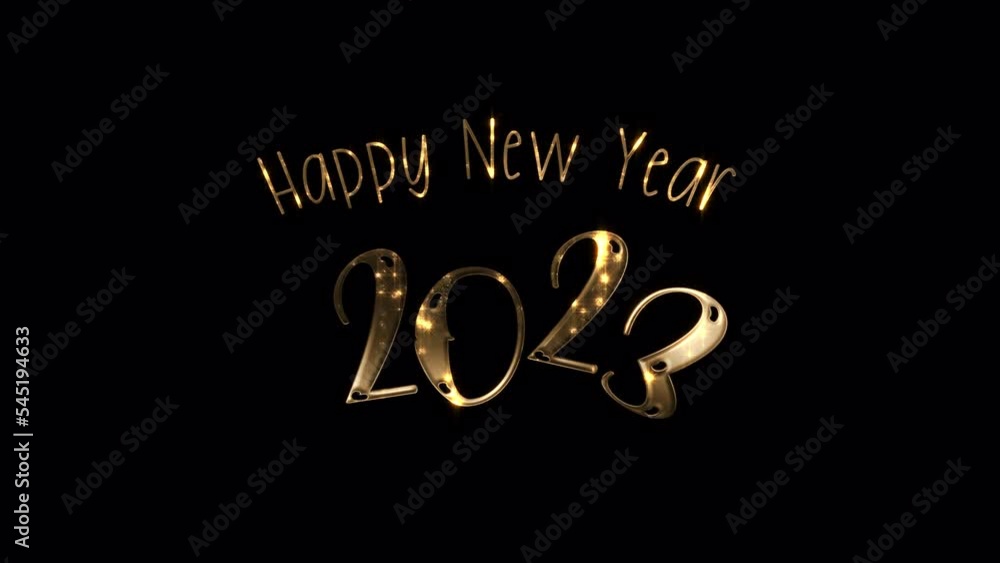 Happy New Year 2023 golden star flickering text effect on black bakcground.Isolated transparent video animation text with alpha channel using Quicktime Apply prores 444 Happy New Year 2023 golden star flickering text effect on black bakcground.Isolated transparent video animation text with alpha channel using Quicktime Apply prores 444