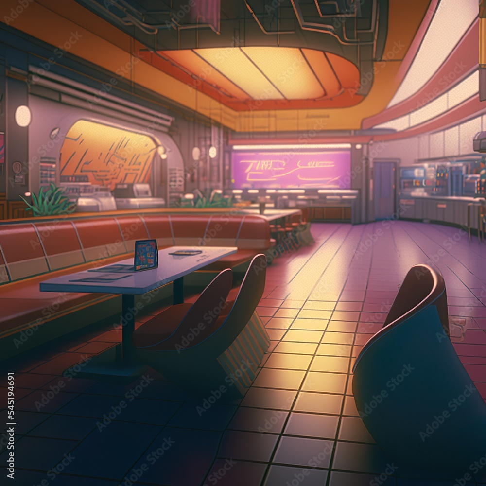 art illustration of living room, inside of a lemonade fast food