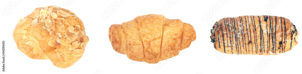 Three croissants are isolated on a white background. plain croissant, almond croissant, chocolate croissant. close up photo. Three croissants are isolated on a white background. plain croissant, almond croissant, chocolate croissant. close up photo.