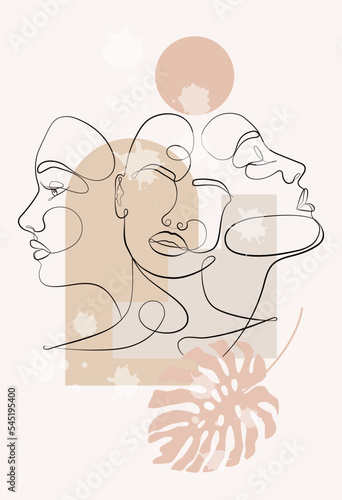Female faces of the same line. Abstract geometric shapes. Continuous female portrait. Geometric shapes and floral elements in a modern minimalist style.