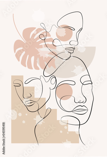 Vector portrait in minimalist style. Geometric shapes, leaves, female portrait. Hand-drawn abstract female print. Used for social media stories, beauty logos, poster illustrations.