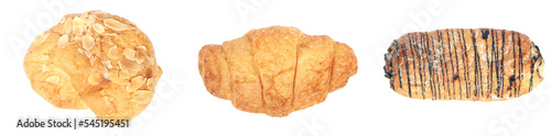 Three croissants are isolated on a white background. plain croissant, almond croissant, chocolate croissant. close up photo.