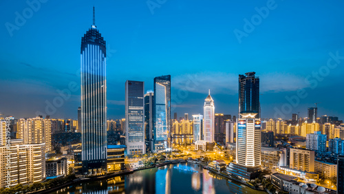 Night view of CBD buildings in Hankou Northwest Lake, Wuhan, Hubei, China © Govan