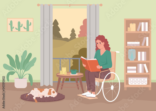 Disabled woman reading flat color vector illustration. Lady in wheelchair resting at home. Domestic lifestyle. Fully editable 2D simple cartoon interior with living room on background