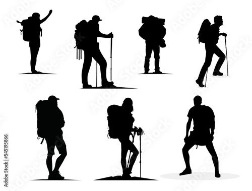Hiker Silhouettes. hiking man with rucksacks silhouette. People with backpack vector silhouettes. mountaineer climber hiker people. Backpacker.