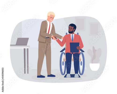 Manager supporting disabled worker 2D vector isolated illustration. Inclusion in workplace flat characters on cartoon background. Diversity colourful editable scene for mobile, website, presentation