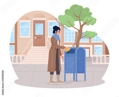 Mailing christmas cards 2D vector isolated illustration. Happy flat character on cartoon background. Send holiday greetings colourful editable scene for mobile, website, presentation