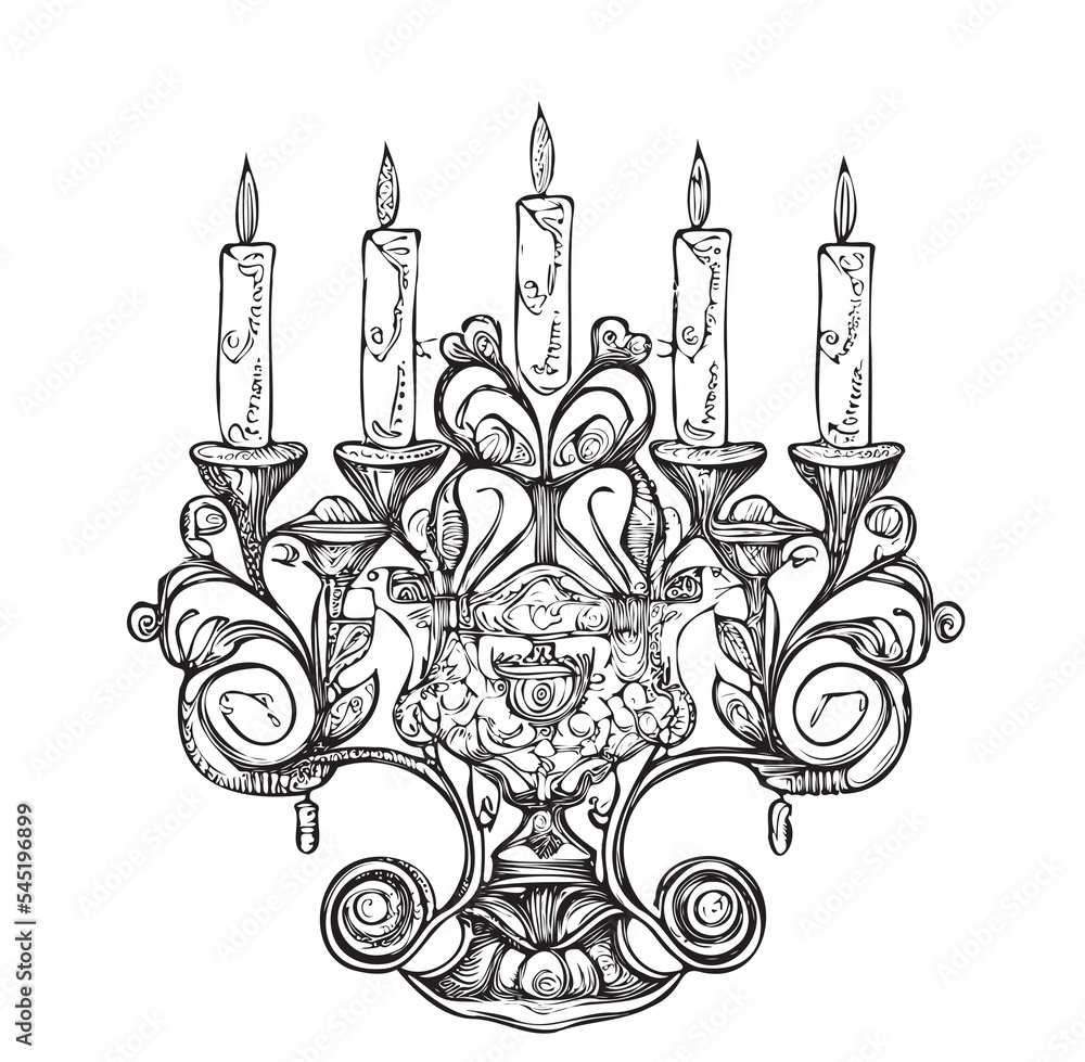 Candlestick with candles chandelier hand drawn sketch Vector illustration.