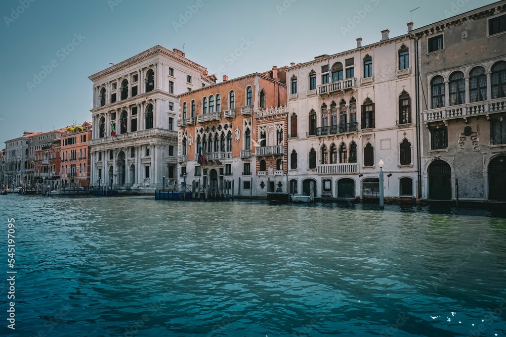 Line of ancient buildings by the Gand Canal in Venice, Italy