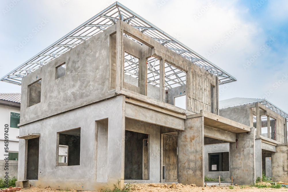 construction residential new house with prefabrication system in progress at building site construction residential new house with prefabrication system in progress at building site