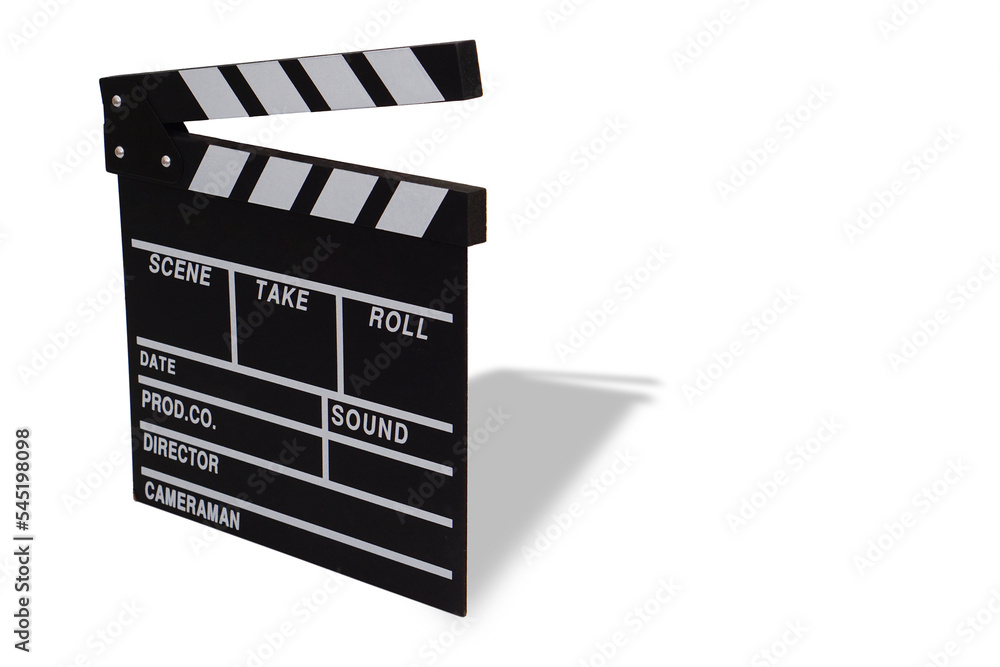 Clapperboard or movie slate black color on white background. Cinema industry, video production and film concept.