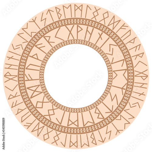 Runic circle, an ancient Slavic symbol, decorated with Scandinavian patterns. Beige fashion design