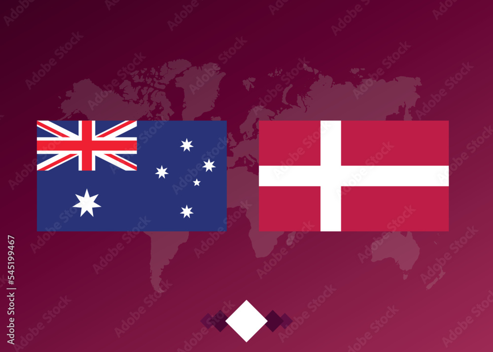 Football tournament poster. Football match between Australia and Denmark World map.